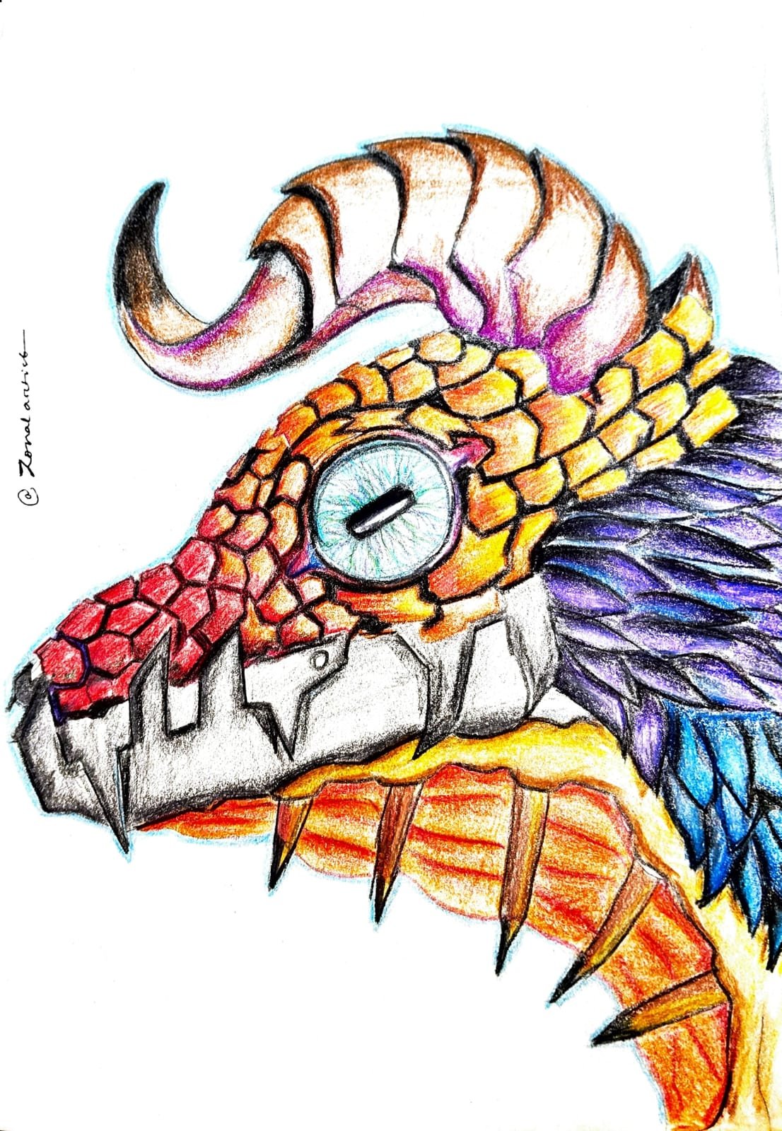 Mechanical dragon head with colored scales and armored jaw.
